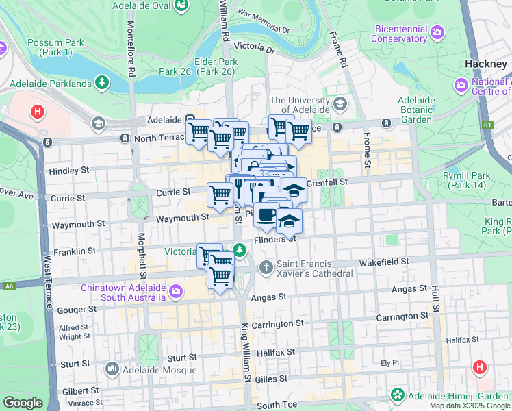 map of restaurants, bars, coffee shops, grocery stores, and more near 30 Pirie Street in Adelaide