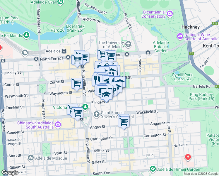map of restaurants, bars, coffee shops, grocery stores, and more near 100 Pirie Street in Adelaide