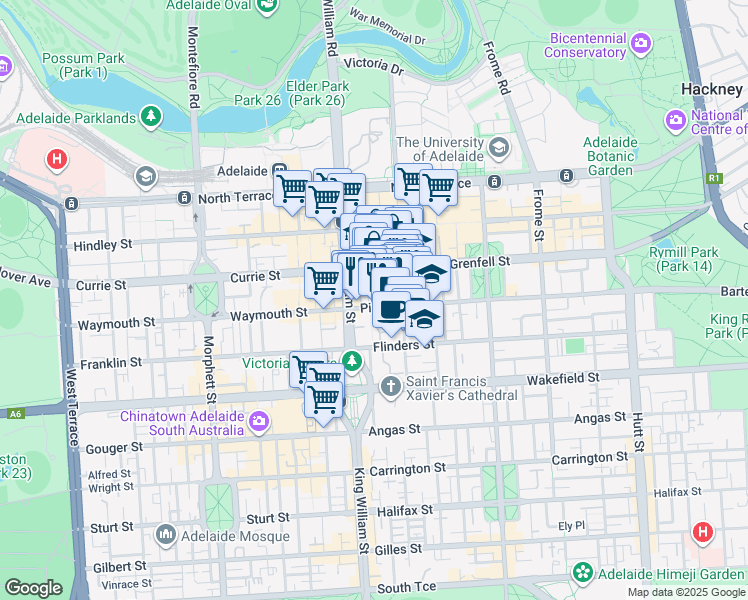 map of restaurants, bars, coffee shops, grocery stores, and more near 30 Pirie Street in Adelaide