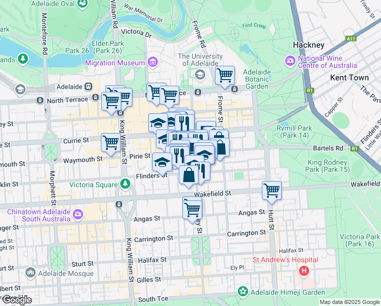 map of restaurants, bars, coffee shops, grocery stores, and more near 151 Pirie Street in Adelaide