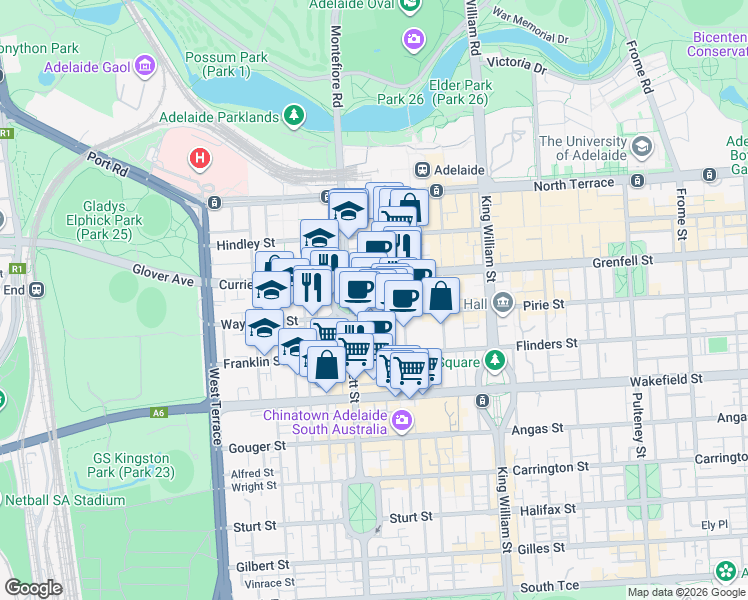 map of restaurants, bars, coffee shops, grocery stores, and more near 155 Waymouth Street in Adelaide