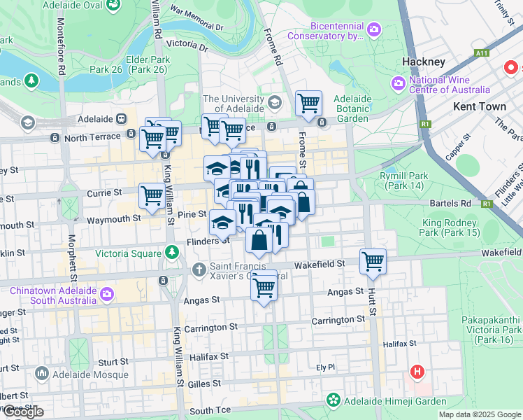 map of restaurants, bars, coffee shops, grocery stores, and more near 180 Pulteney Street in Adelaide