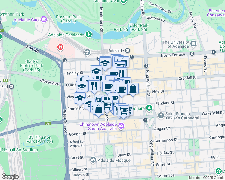 map of restaurants, bars, coffee shops, grocery stores, and more near 70 Light Square in Adelaide