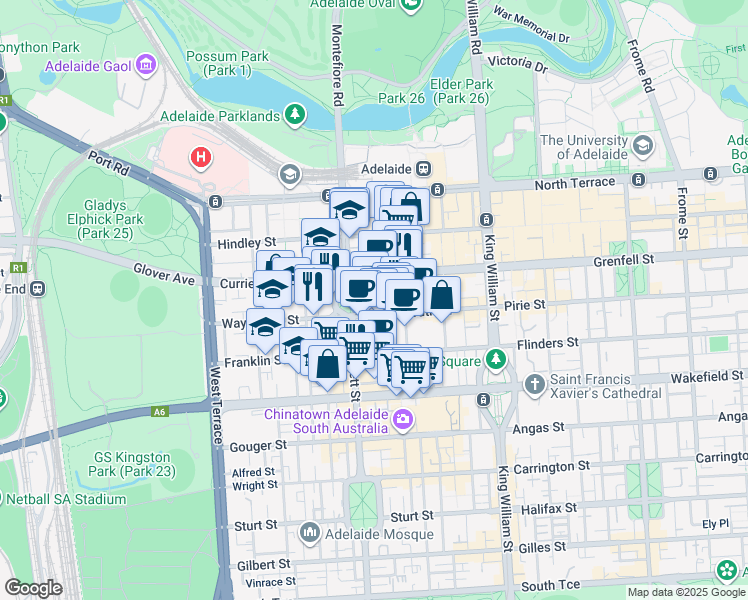 map of restaurants, bars, coffee shops, grocery stores, and more near 70 Light Square in Adelaide