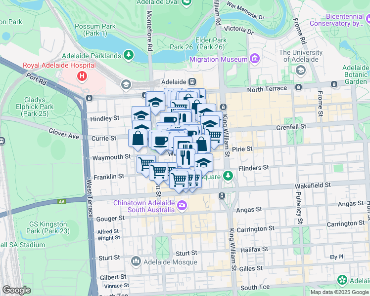 map of restaurants, bars, coffee shops, grocery stores, and more near 100 Waymouth Street in Adelaide