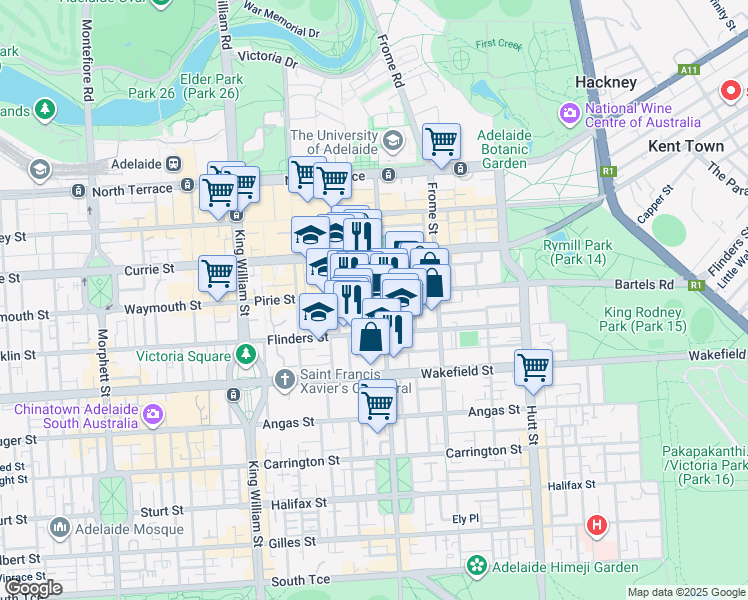 map of restaurants, bars, coffee shops, grocery stores, and more near 151 Pirie Street in Adelaide
