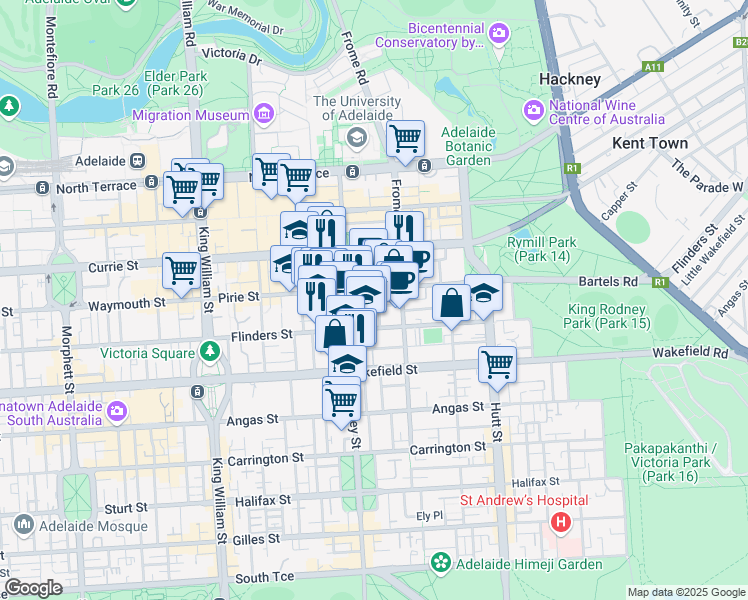 map of restaurants, bars, coffee shops, grocery stores, and more near 185-189 Pirie Street in Adelaide