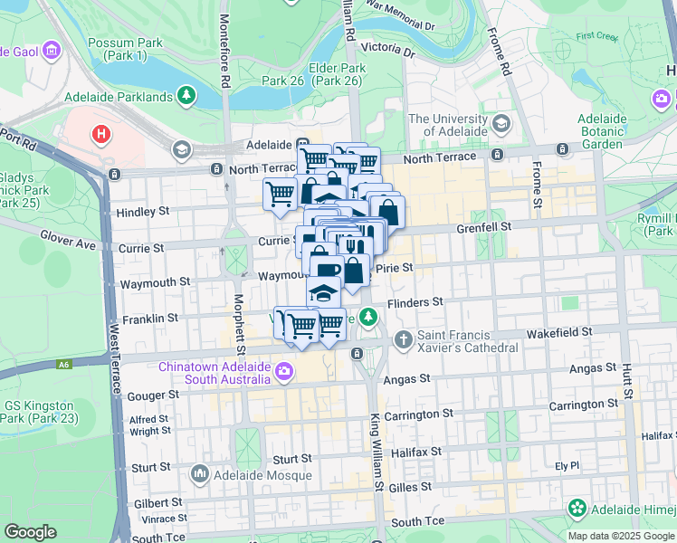 map of restaurants, bars, coffee shops, grocery stores, and more near 31 Waymouth Street in Adelaide