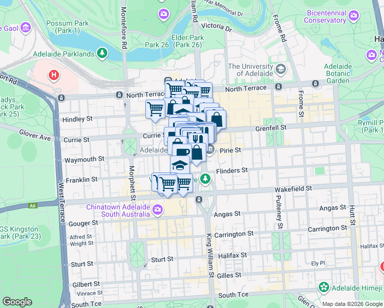 map of restaurants, bars, coffee shops, grocery stores, and more near 29 Waymouth Street in Adelaide