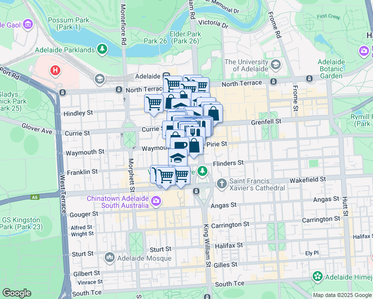 map of restaurants, bars, coffee shops, grocery stores, and more near 29 Waymouth Street in Adelaide