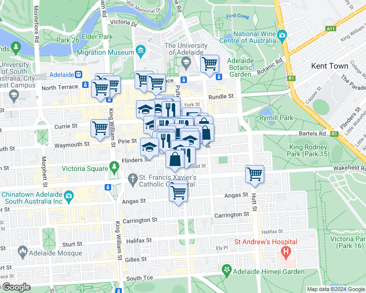 map of restaurants, bars, coffee shops, grocery stores, and more near 180 Pulteney Street in Adelaide