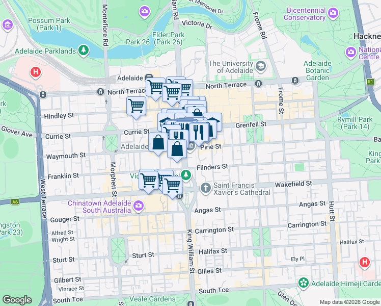 map of restaurants, bars, coffee shops, grocery stores, and more near 1 Pirie Street in Adelaide