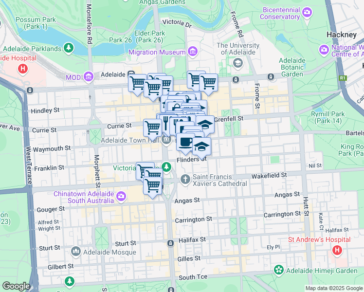 map of restaurants, bars, coffee shops, grocery stores, and more near 45 Pirie Street in Adelaide