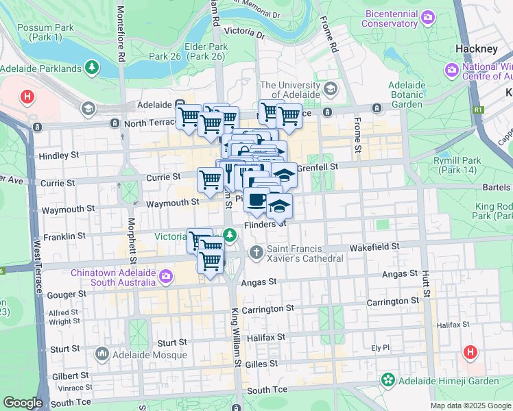 map of restaurants, bars, coffee shops, grocery stores, and more near 45 Pirie Street in Adelaide