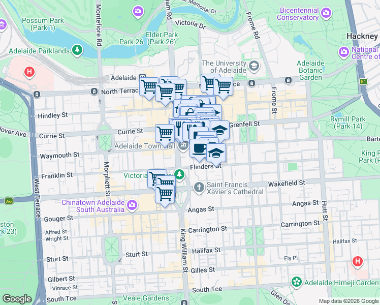 map of restaurants, bars, coffee shops, grocery stores, and more near 1 Pirie Street in Adelaide