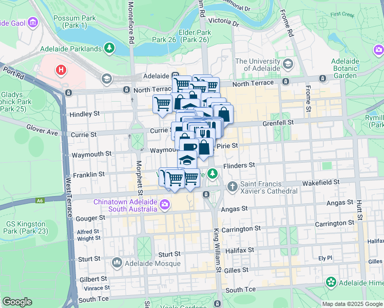 map of restaurants, bars, coffee shops, grocery stores, and more near 31 Waymouth Street in Adelaide