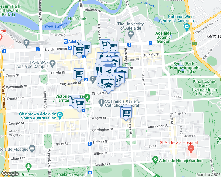 map of restaurants, bars, coffee shops, grocery stores, and more near 80 Flinders Street in Adelaide