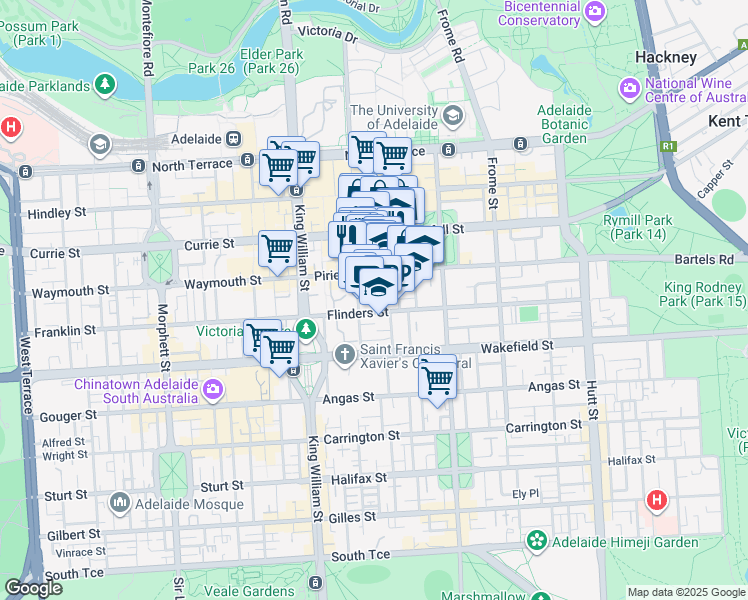 map of restaurants, bars, coffee shops, grocery stores, and more near 60 Flinders Street in Adelaide