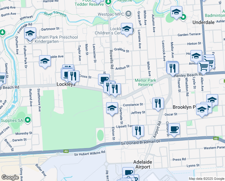 map of restaurants, bars, coffee shops, grocery stores, and more near 388 Henley Beach Road in Lockleys
