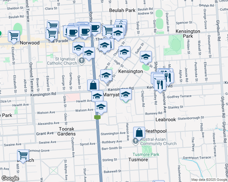 map of restaurants, bars, coffee shops, grocery stores, and more near 1A The Crescent in Marryatville