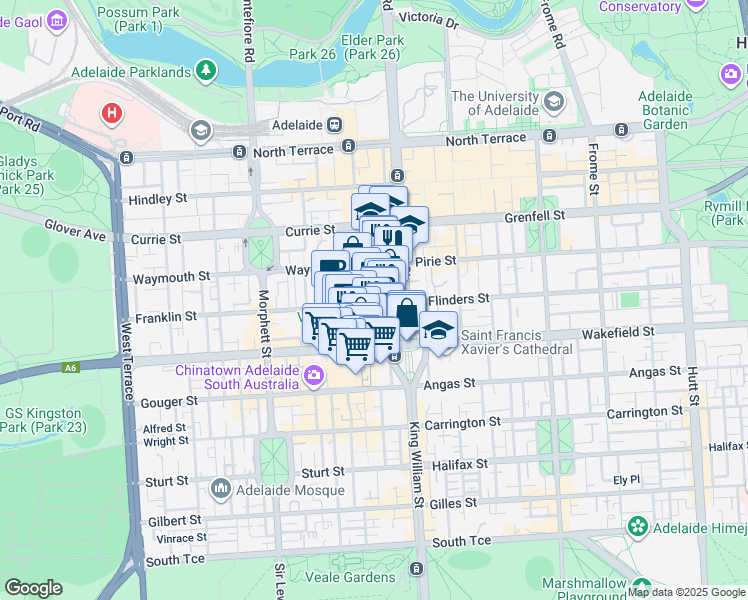 map of restaurants, bars, coffee shops, grocery stores, and more near 12 Franklin Street in Adelaide