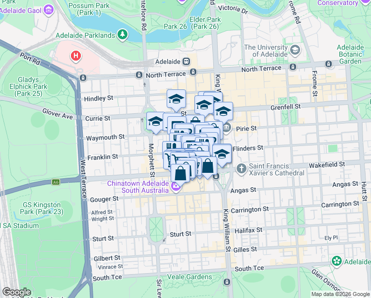 map of restaurants, bars, coffee shops, grocery stores, and more near 70 Flinders Street in Adelaide