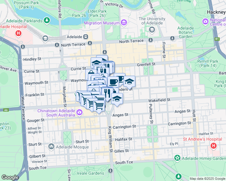 map of restaurants, bars, coffee shops, grocery stores, and more near 182-188 Victoria Square in Adelaide