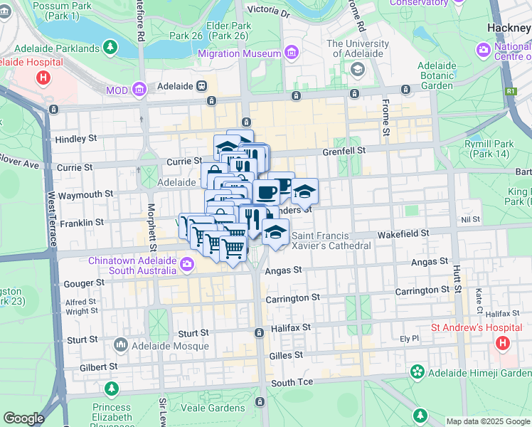 map of restaurants, bars, coffee shops, grocery stores, and more near 200 Victoria Square in Adelaide