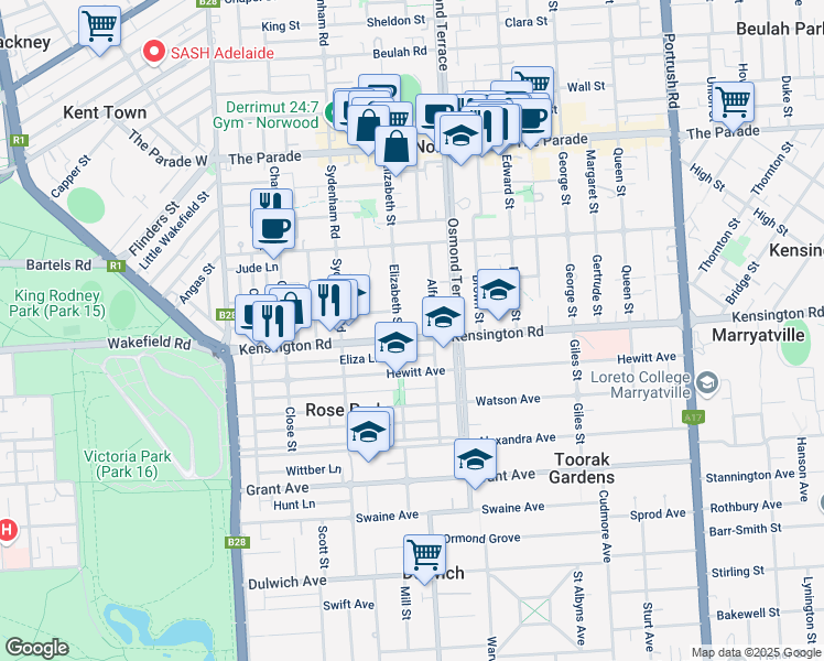 map of restaurants, bars, coffee shops, grocery stores, and more near 85 Kensington Road in Norwood