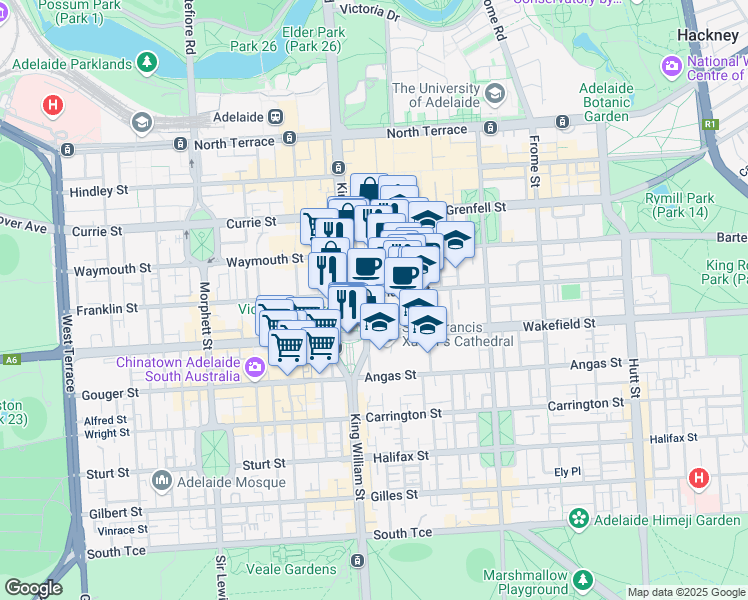 map of restaurants, bars, coffee shops, grocery stores, and more near 182-188 Victoria Square in Adelaide