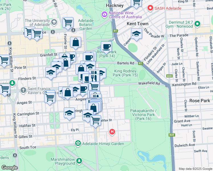 map of restaurants, bars, coffee shops, grocery stores, and more near East Terrace in Adelaide