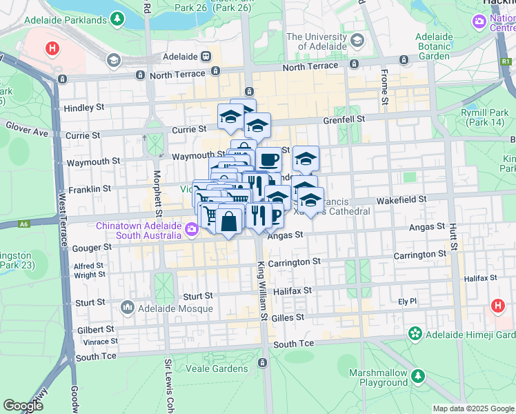 map of restaurants, bars, coffee shops, grocery stores, and more near Victoria Square in Adelaide