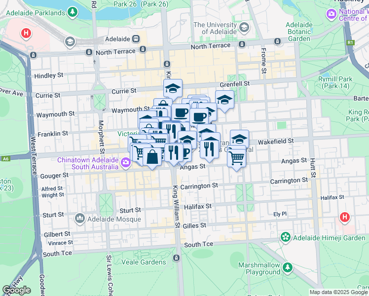 map of restaurants, bars, coffee shops, grocery stores, and more near 8 Railway Ramp in Adelaide