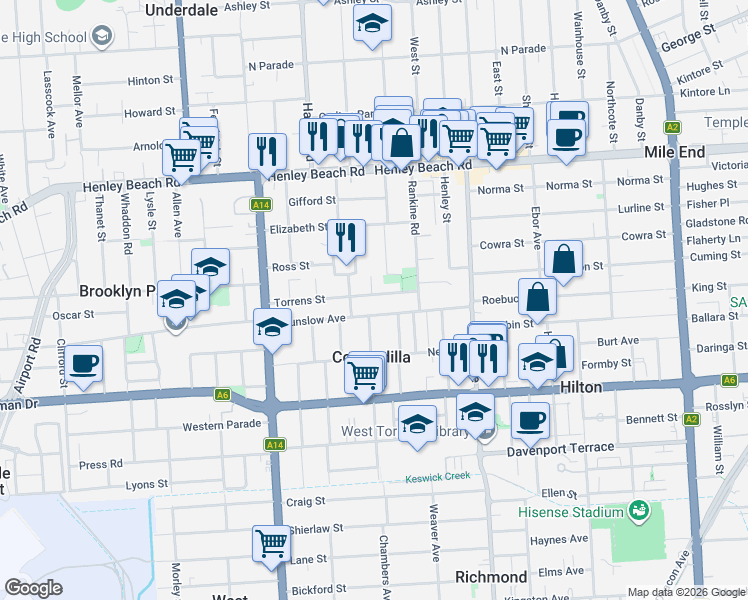 map of restaurants, bars, coffee shops, grocery stores, and more near 26 Torrens Street in Torrensville