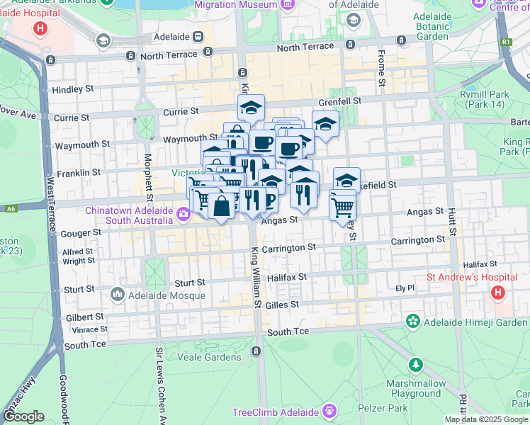 map of restaurants, bars, coffee shops, grocery stores, and more near 250 Victoria Square in Adelaide