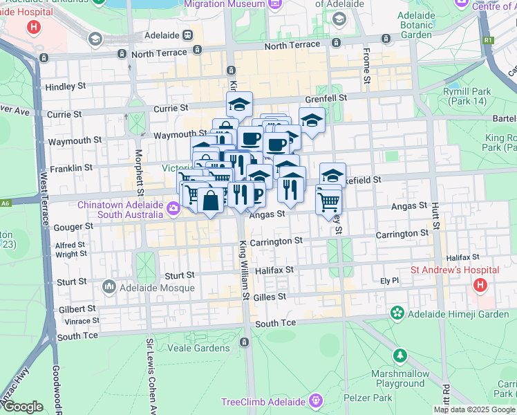 map of restaurants, bars, coffee shops, grocery stores, and more near 250 Victoria Square in Adelaide