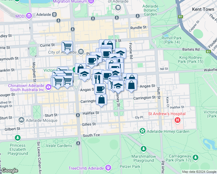 map of restaurants, bars, coffee shops, grocery stores, and more near 100 Angas Street in Adelaide