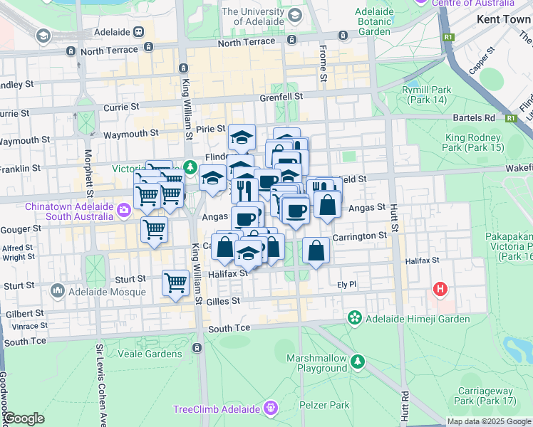 map of restaurants, bars, coffee shops, grocery stores, and more near 100 Angas Street in Adelaide