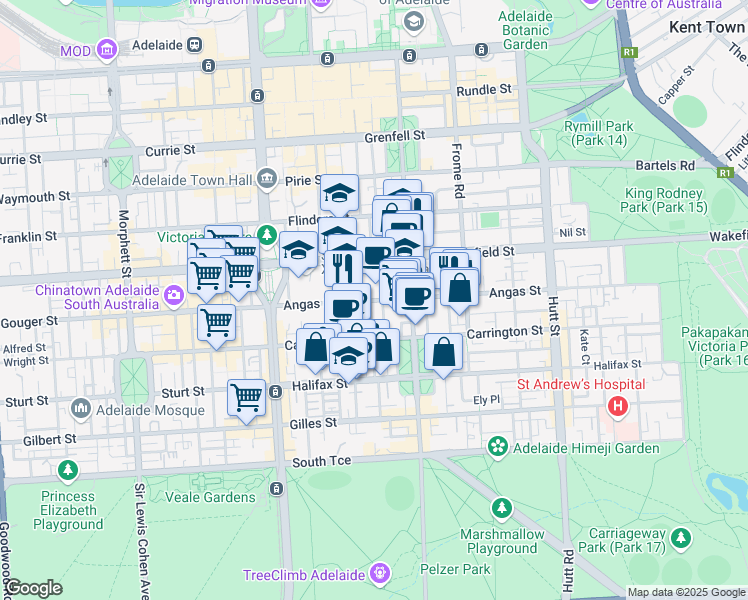 map of restaurants, bars, coffee shops, grocery stores, and more near 16 Queen St in Adelaide
