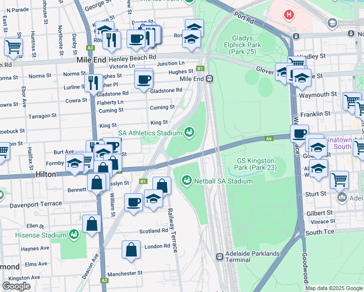 map of restaurants, bars, coffee shops, grocery stores, and more near 145 Railway Terrace in Mile End South
