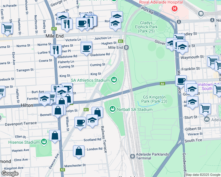 map of restaurants, bars, coffee shops, grocery stores, and more near 145 Railway Terrace in Mile End South
