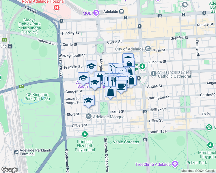map of restaurants, bars, coffee shops, grocery stores, and more near 120 Gouger Street in Adelaide