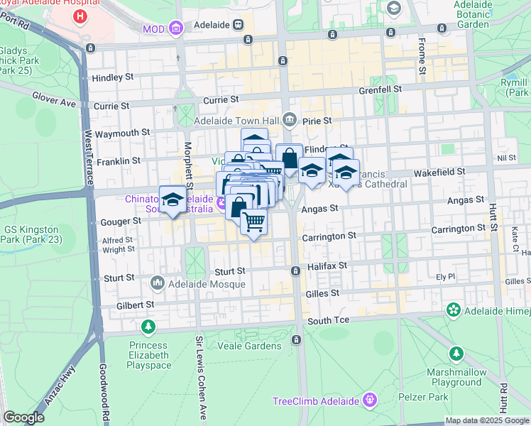 map of restaurants, bars, coffee shops, grocery stores, and more near 19 Gouger Street in Adelaide
