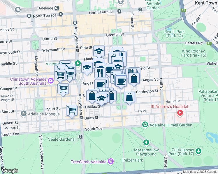 map of restaurants, bars, coffee shops, grocery stores, and more near 16 Queen Street in Adelaide