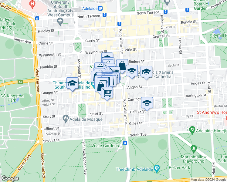 map of restaurants, bars, coffee shops, grocery stores, and more near 19 Gouger Street in Adelaide