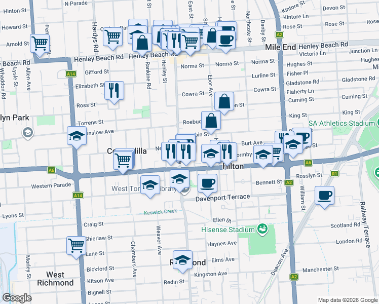 map of restaurants, bars, coffee shops, grocery stores, and more near 12 Attrill Avenue in Hilton