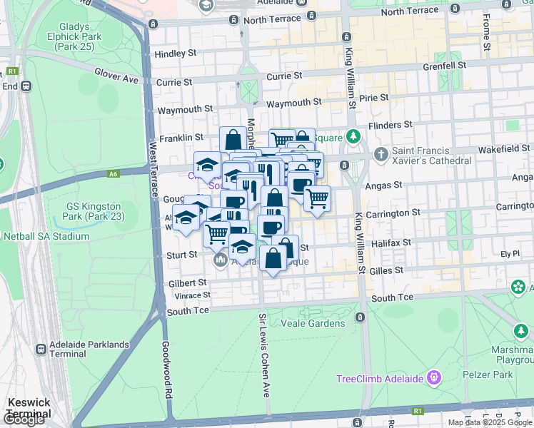 map of restaurants, bars, coffee shops, grocery stores, and more near 156 Wright Street in Adelaide