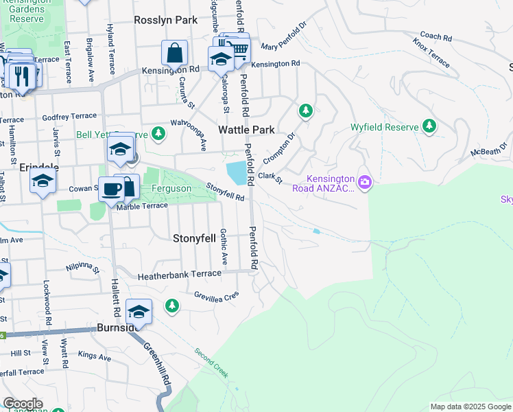 map of restaurants, bars, coffee shops, grocery stores, and more near 144 Penfold Road in Stonyfell