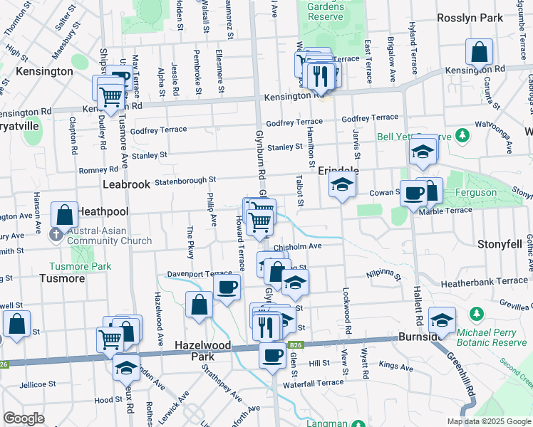 map of restaurants, bars, coffee shops, grocery stores, and more near 442 Glynburn Road in Erindale