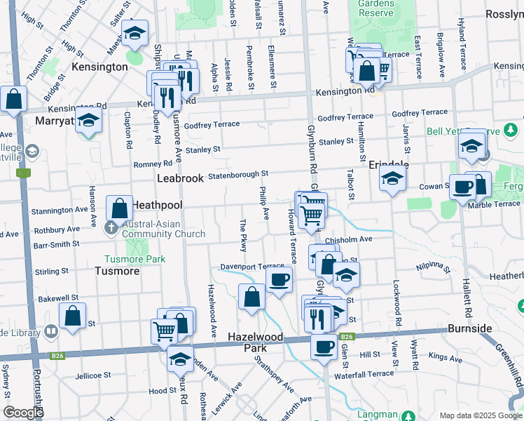 map of restaurants, bars, coffee shops, grocery stores, and more near 38A Rochester Street in Leabrook